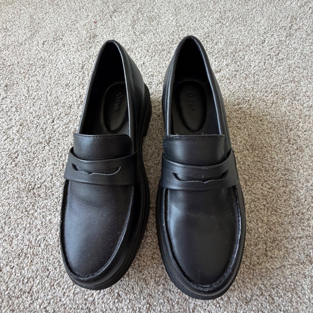 Quince Italian Leather Lug Sole Loafers 7.5 Black Slip On Platform Work Travel - Picture 2 of 10